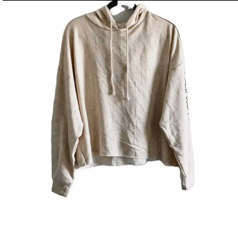 Free People Movement Medium Beige Crop Hoodie Sweatshirt Dynamite Embroidery NEW